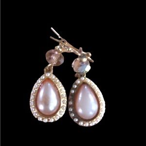 Blush Pink Faux Pearl Teardrop Earrings Gold Tone Romantic Vintage Style Dangle